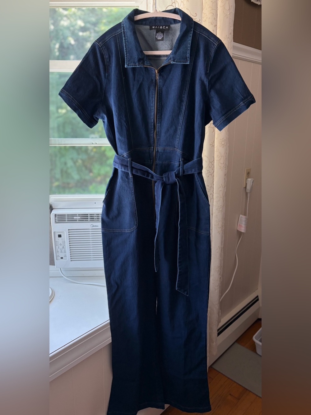 Waimea Dk Denim Zip-Front Wide-Leg Short Sleeve Utility Jumpsuit Tie Belt Sz XL